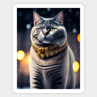 Golden Beauty: A British Shorthair Dazzles in a Winter Wonderland Sticker